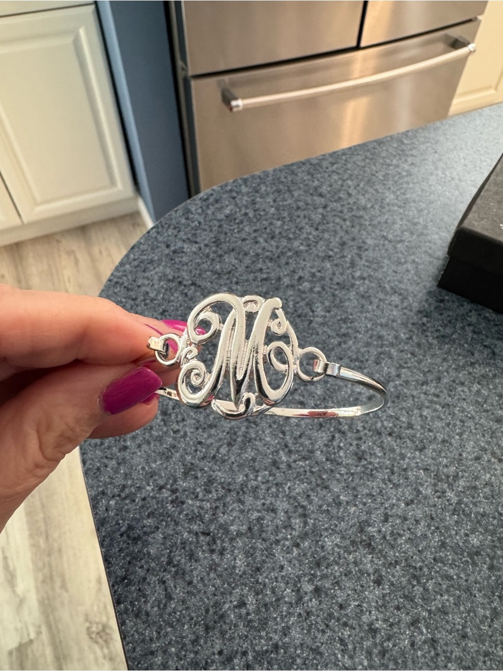 Silver Monogram 'M' Cuff Bracelet - Feminine Script.  New